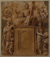 O 025
<br/>
Ontwerp voor titelpagina 'De Kerckelycke Historie'
<br/>
<em>Rubens, Peter Paul (1577-1640)</em>